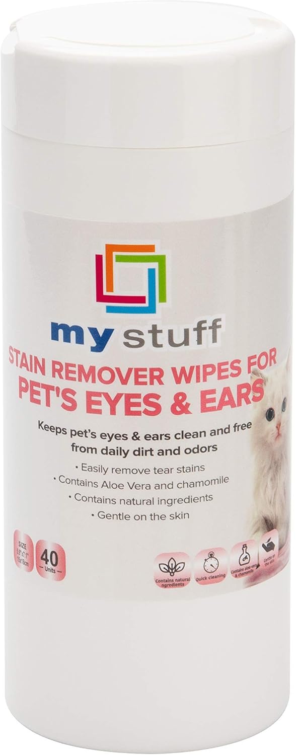 My Stuff Pet Eye and Ear Cleaning Wipes, Natural Fur Cleansing Cloths, Aloe Vera & Chamomile, 40-ct.