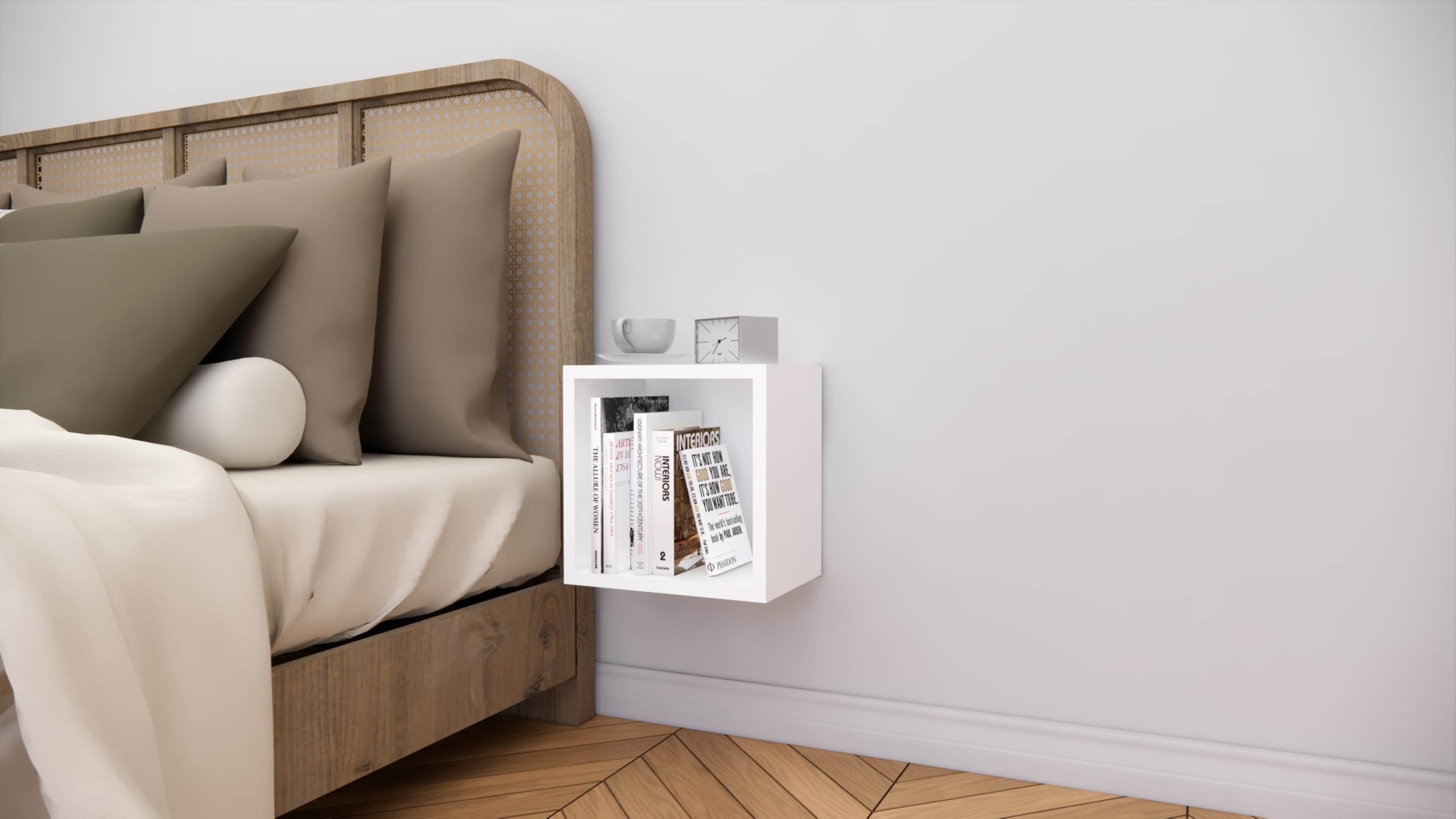 Modern Wall Mounted Bedside Table | Floating Nightstand with Open Storage Shelf | Space Saving Wooden Bed Side Table for Bedroom | Minimalist Wall Shelf Design (White)-image-4