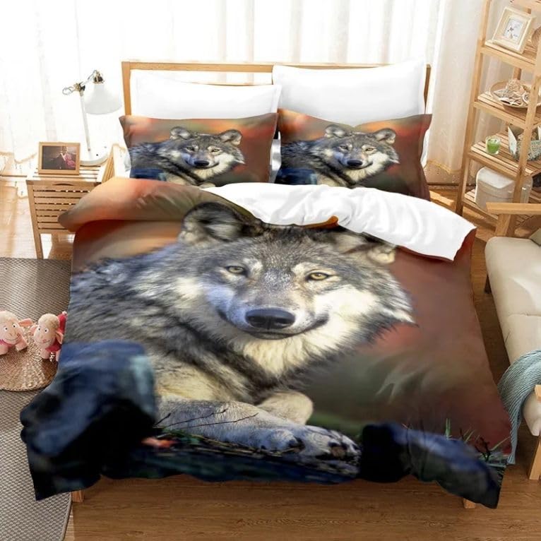 Housse de Couette 140x200 Loup Brun en Microfibre 110g/m² avec 2 Taies