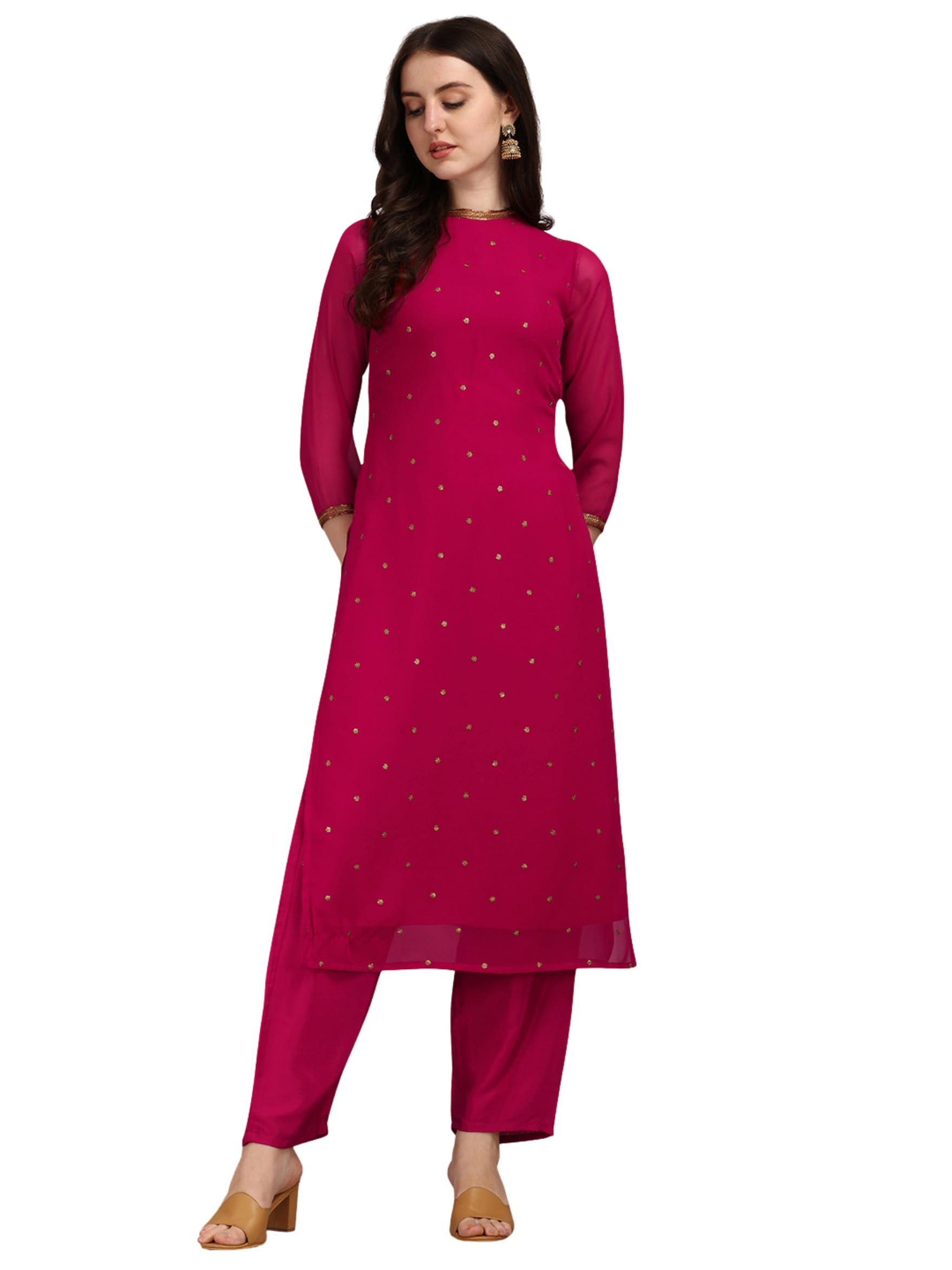 saanjh Women's Faux Georgette Embellished Printed Straight Kurta with Bottom||Kurta Set-picture-30