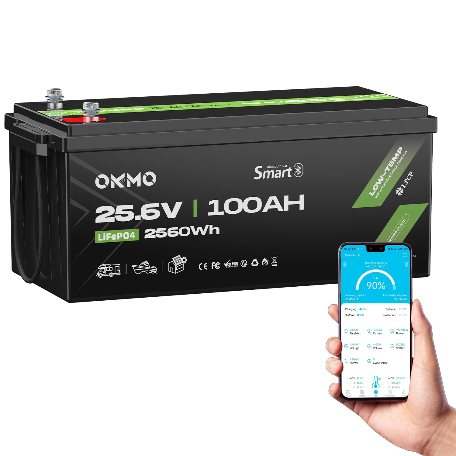 OKMO 24V 100Ah LiFePO4 Lithium Battery 2560Wh with Bluetooth for Marine, Trolling Motor, RV, 10 Years 15000+ Deep Cycles, 25.6V Iron Phosphate for Home Solar Energy Storage Off-Grid