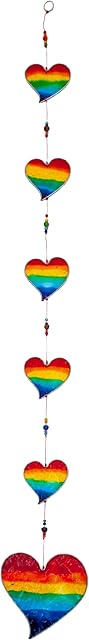 Handmade Rainbow Six Heart Stained Glass effect Sun Catcher Mobile - Beautiful Window Hanging - Home Decoration