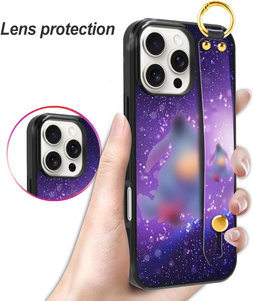 Cartoon Case for iPhone 16 Pro Max (2024) Cute Purple Donkey Cartoon Character Design with Lanyard Wrist Strap Band Holder Stand Kickstand Shockproof Protection Cover