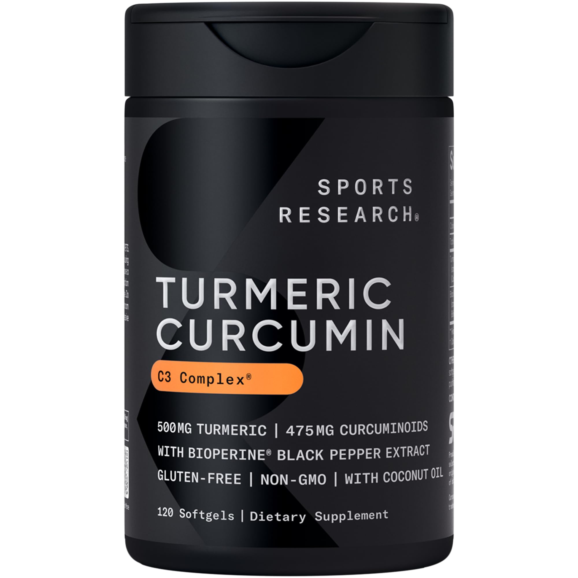 Sports ResearchTurmeric Curcumin C3 Complex 500mg, Enhanced with Black Pepper & Organic Coconut Oil for Better Absorption; Non-GMO & Gluten Free - 120 Count