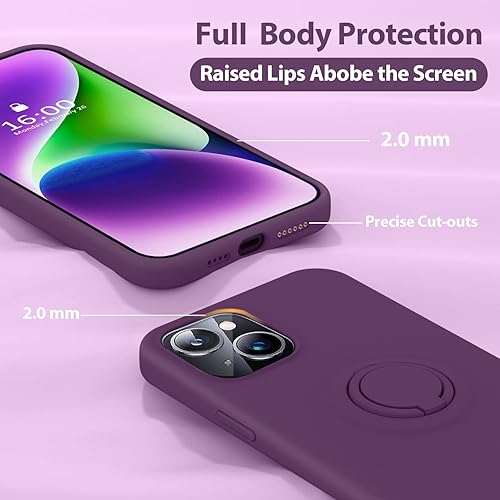 Miniatura 5 de MOCCA Funda compatible con iPhone 14 con soporte de anillo, forro de microfibra súper suave, funda de silicona líquida antiarañazos de cuerpo