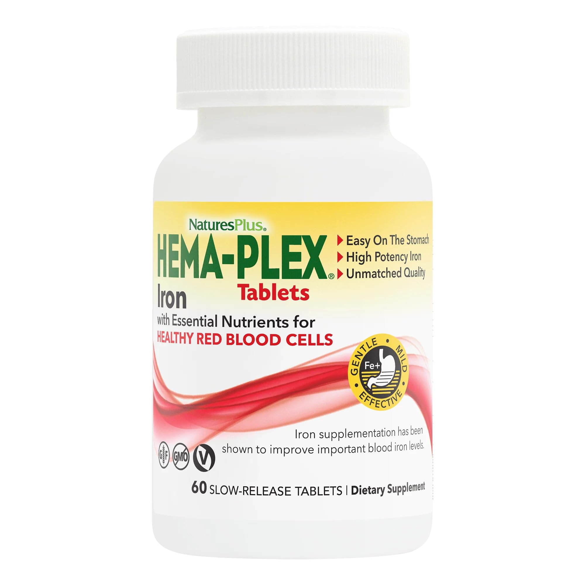 NaturesPlus Hema-Plex Iron - 60 Tablets - 85 mg Elemental Iron + Vitamin C & Bioflavonoids for Healthy Red Blood Cells - Vegan, Gluten Free - 30 Servings