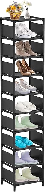 UrMsun 10 Tiers Vertical Shoe Rack , Tall Narrow Shoe Shelf Space Saving Shoe Organizer for Entryway Door Small Space Single Pairs Sturdy Shoe Shelf Storage Organizer (10 Tiers) (Black)