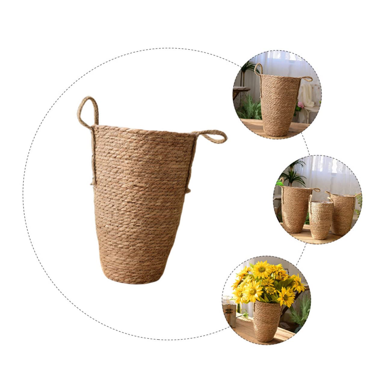 Cesta Tejida a Mano Grande de Paja para Flores y Plantas | Uso Interior Hogar, Estilo Rústico y Elegante, Pieza Decorativa Práctica para Espacios Amplios