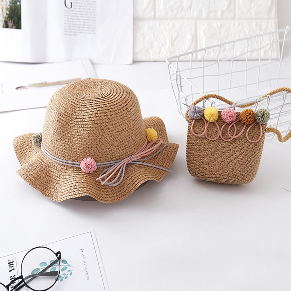 Cappello Da Spiaggia Estivo e Mini Di Borse Set,Cappello Da Sole In Paglia Bambino,Cappello Di Paglia Estivo Per Bambini a Tesa Larga Per I Bambini Turismo Vacanze Spiaggia Attività All'Aperto(Cachi)