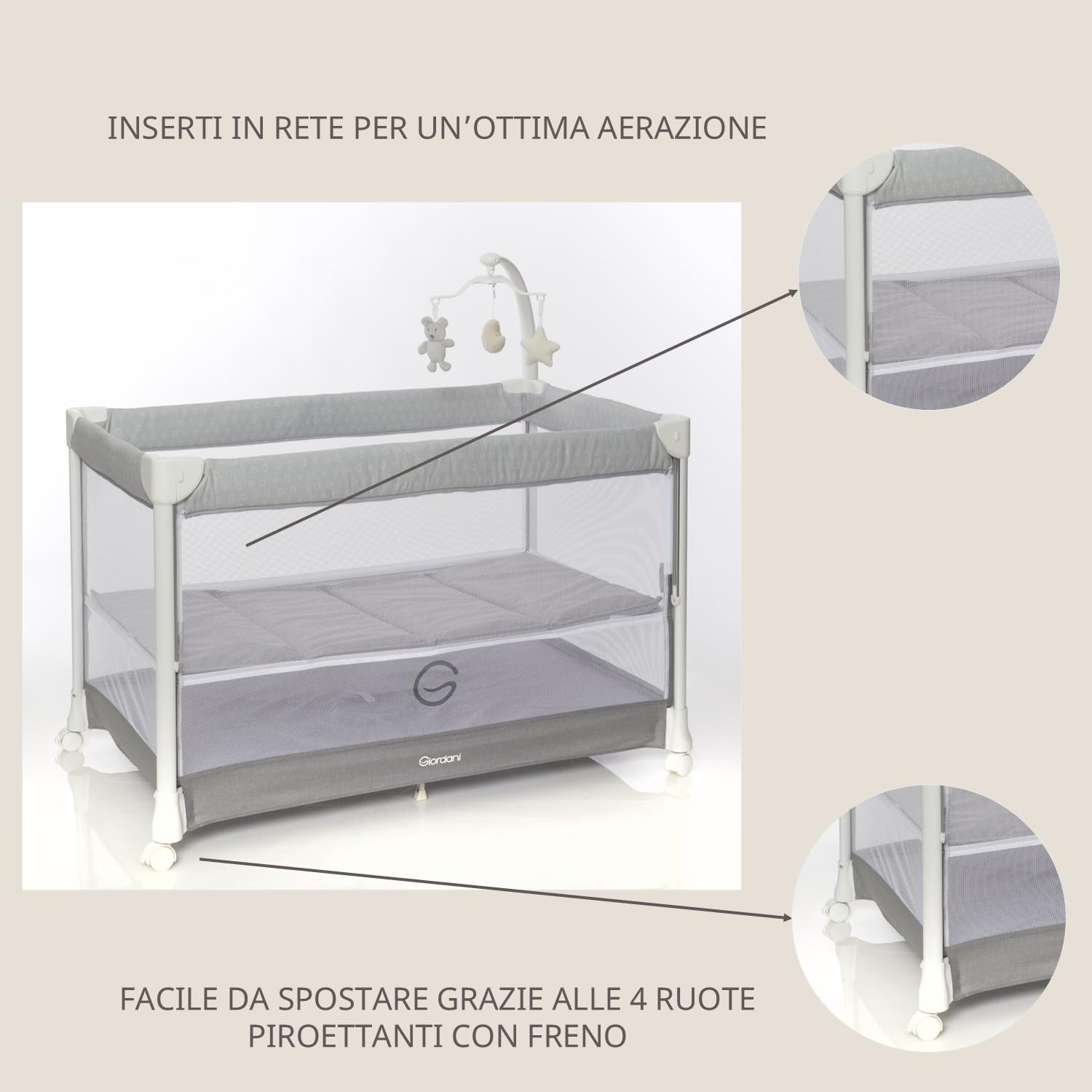 Giordani G3-Matic Lettino da Viaggio e Culla Fianco Letto 0-15kg | Chiusura Automatica Rapida, Spondina Abbassabile e Kit Doppia Altezza | 4 Ruote con Freno, Materasso e Borsa Trasporto Inclusi