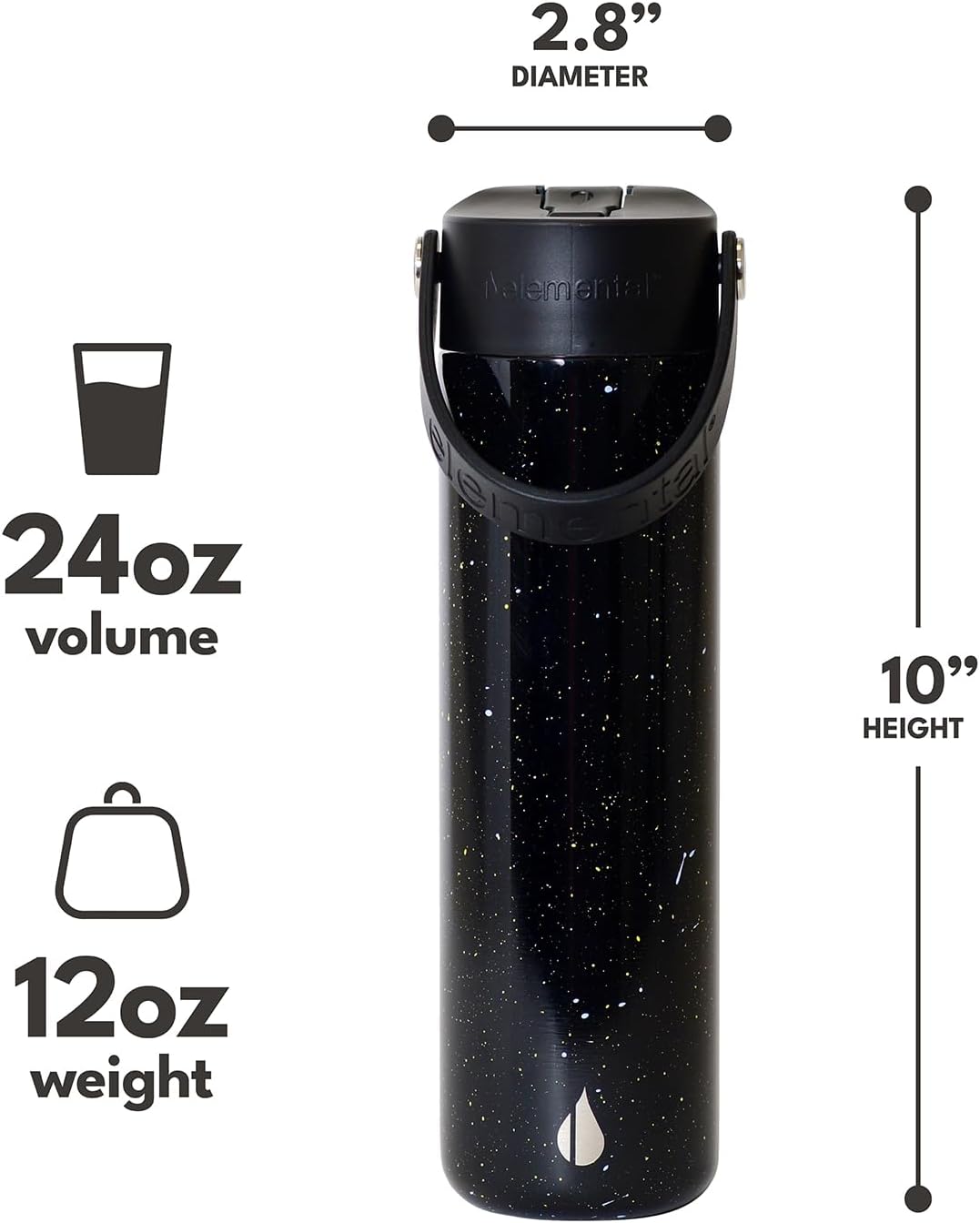 Elemental 24oz Insulated Water Bottle with Straw - 100% Leak-Proof Stainless Steel Core Water Bottles for Travel, Sports and Gym - Double Wall Insulation & BPA Free - Black Speckle - Image 2