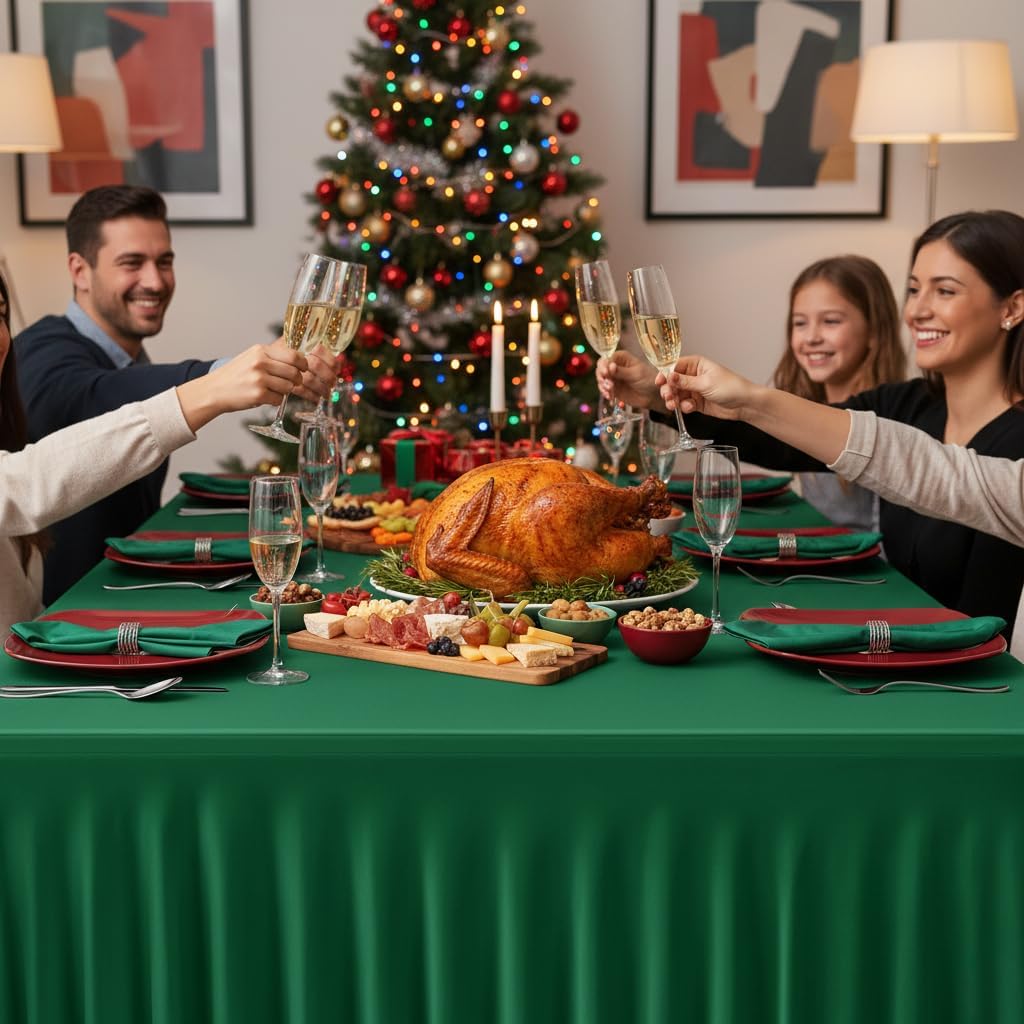 HolidayIdeas 2 Pack Hunter Green Spandex Table Skirt for 6ft Rectangle Desk, 72 Inch Fitted Cover for Christmas Dinner Buffet thumbnail