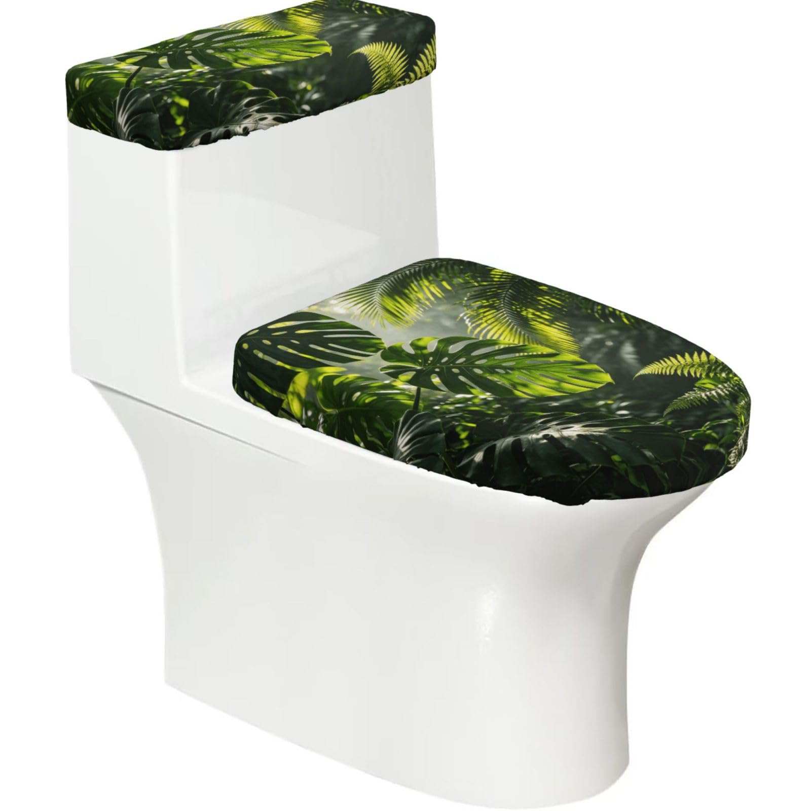 Green Rainforest Art Elastic Toilet Cover Set of 2-Stretchy Lid and Tank Covers for Bathroom, Soft Washable U Shape Toilet Decor