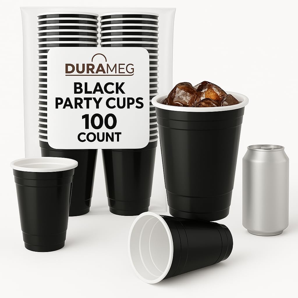 Black Disposable Plastic 16 oz. Cups [100 Pack] - Durable Fun Pong Cups for Water, Beer, Smoothie Games