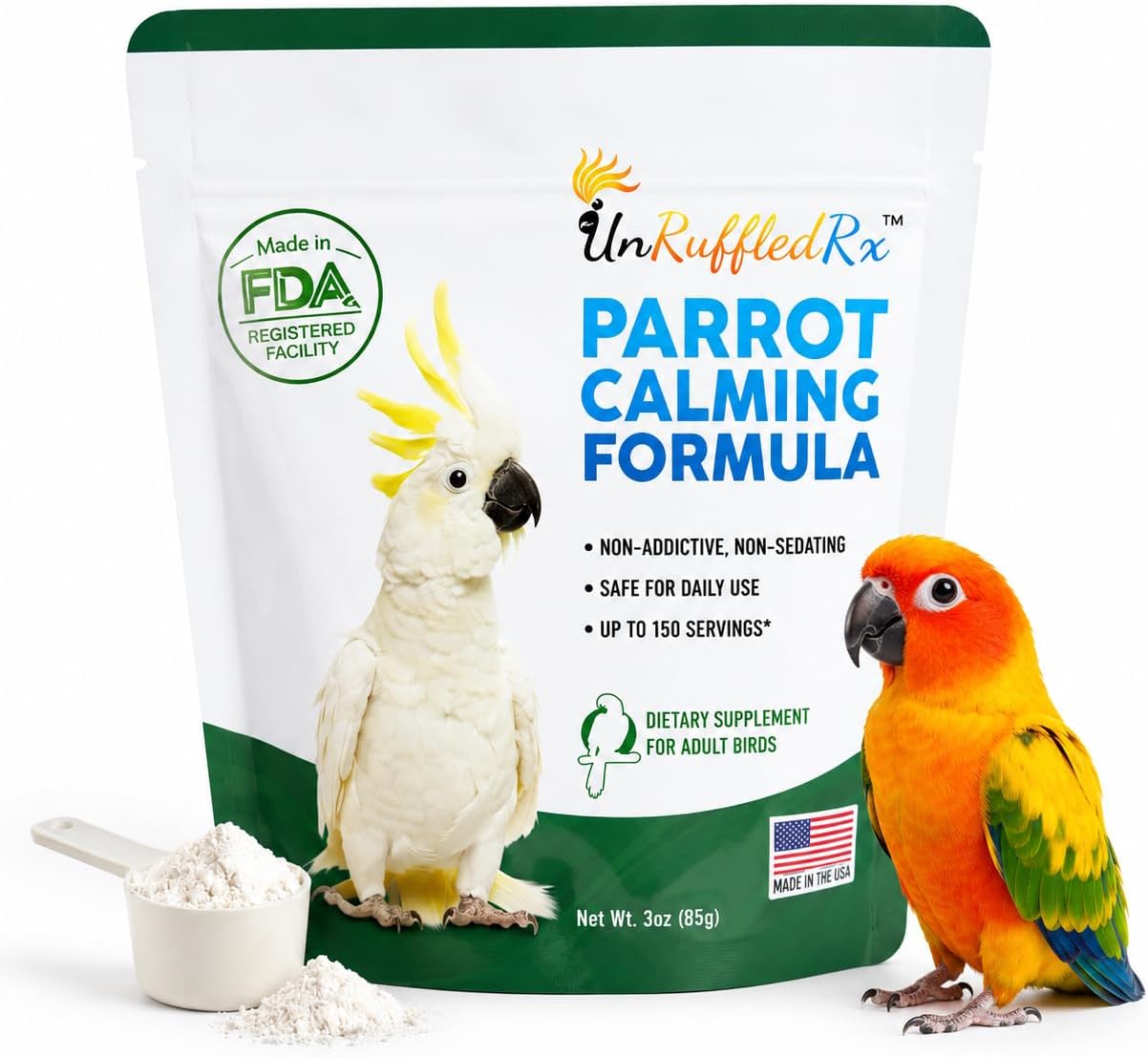 UnRuffledRx™ Calming Formula for Parrots – Bird Supplement that Supports Relaxation During Stressful Events Like Fireworks, Travel, and Visitors – 150 Servings – Made in USA