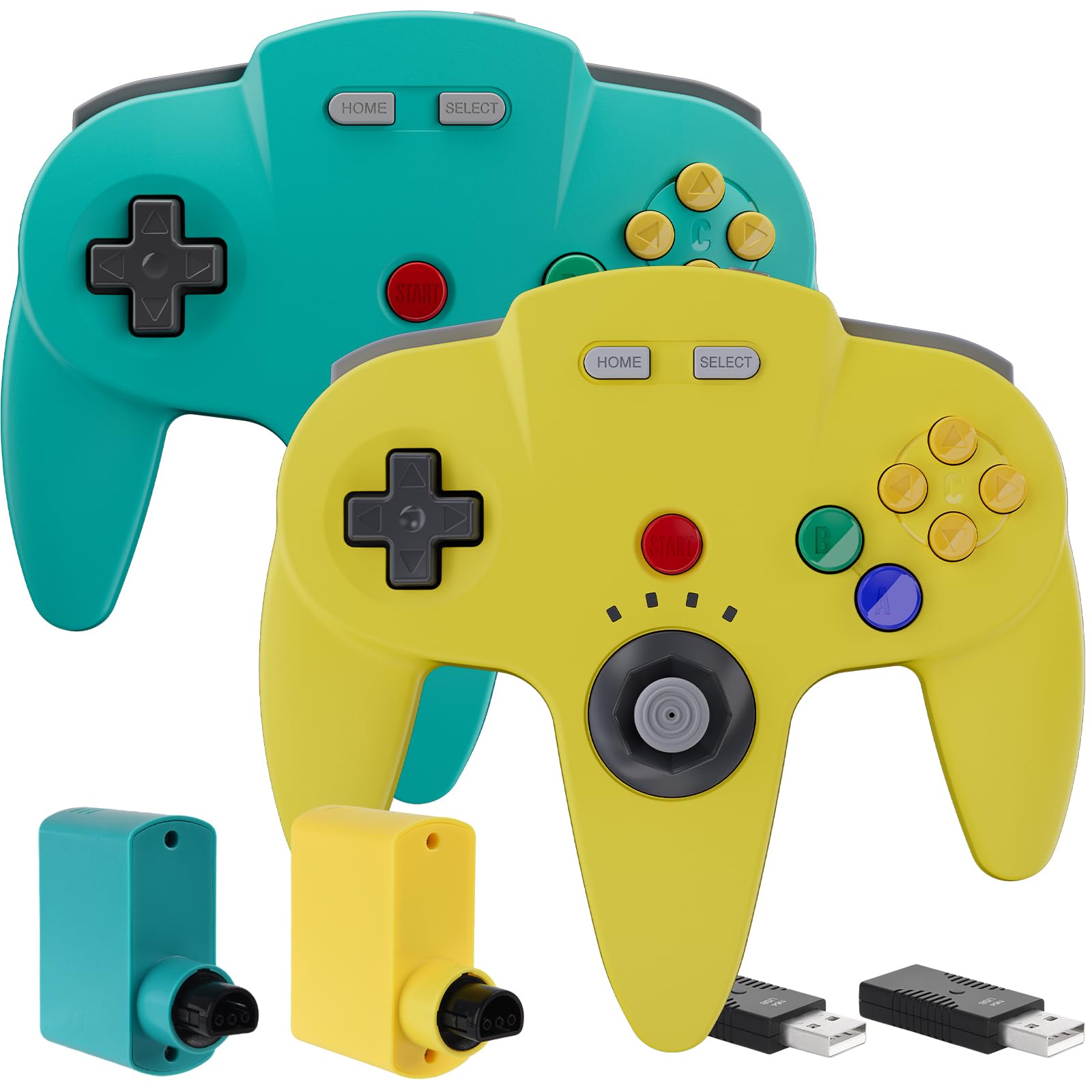 SAFFUN Paquete de 2 controladores inalámbricos N64 hechos para Switch 1 y 2, consola N64, receptores inalámbricos de 2.4 GHz compatibles con Switch Online, Windows PC, macOS (vibración integrada