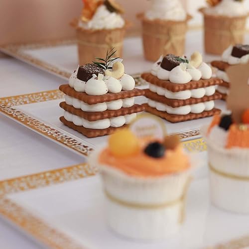 Miniatura 2 de Efavormart - Paquete de 4 bandejas rectangulares de plástico con estampado de encaje dorado de 14 pulgadas y color blanco