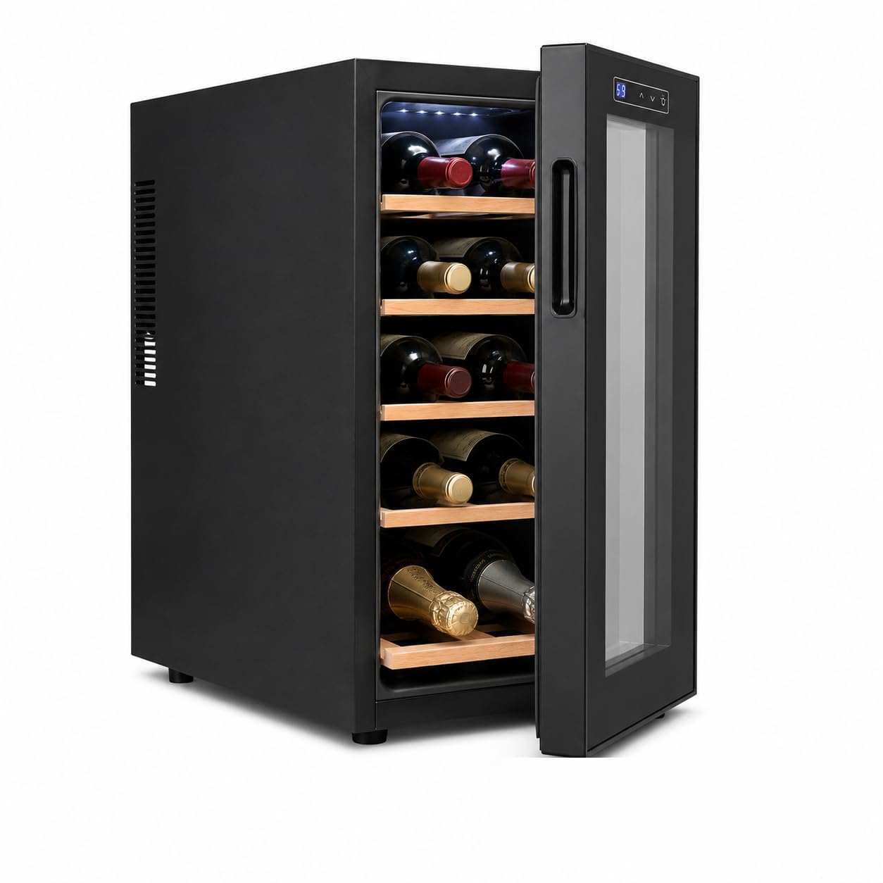 SJXHRFXY Wine Fridge, 12-Bottle, Fan Cooling No Frost, 54-66°F, 39dB