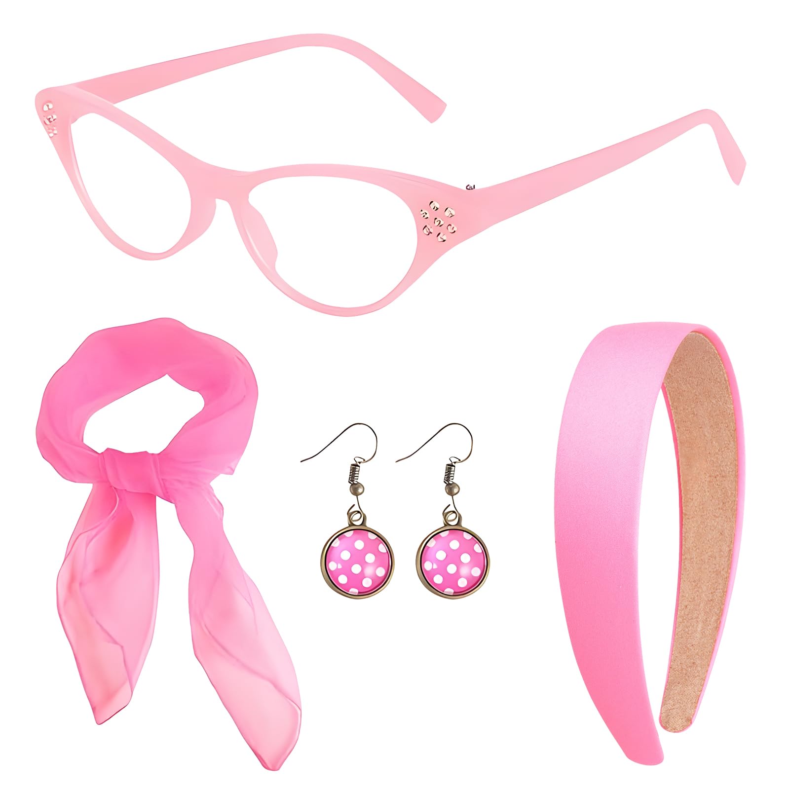 4 Pcs 1950s Dress Up for Women Costume Accessories, Including Cat Eye Glasses,Dot Earring,Pink Headband and Necktie Grease Fancy Dress for Retro Party Decoration
