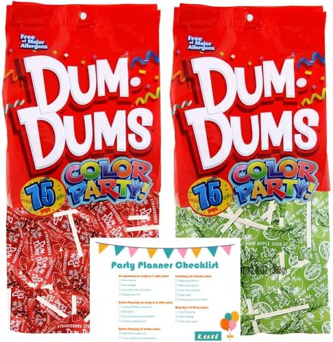 Dum Dums Red and Green Lollipop Bundle Pack with 75 Red Strawberry and 75 Green Sour Apple- 150 total – with Party Planning Checklist - Christmas Holiday Italian Mexican Parites - Candy Table Gifts