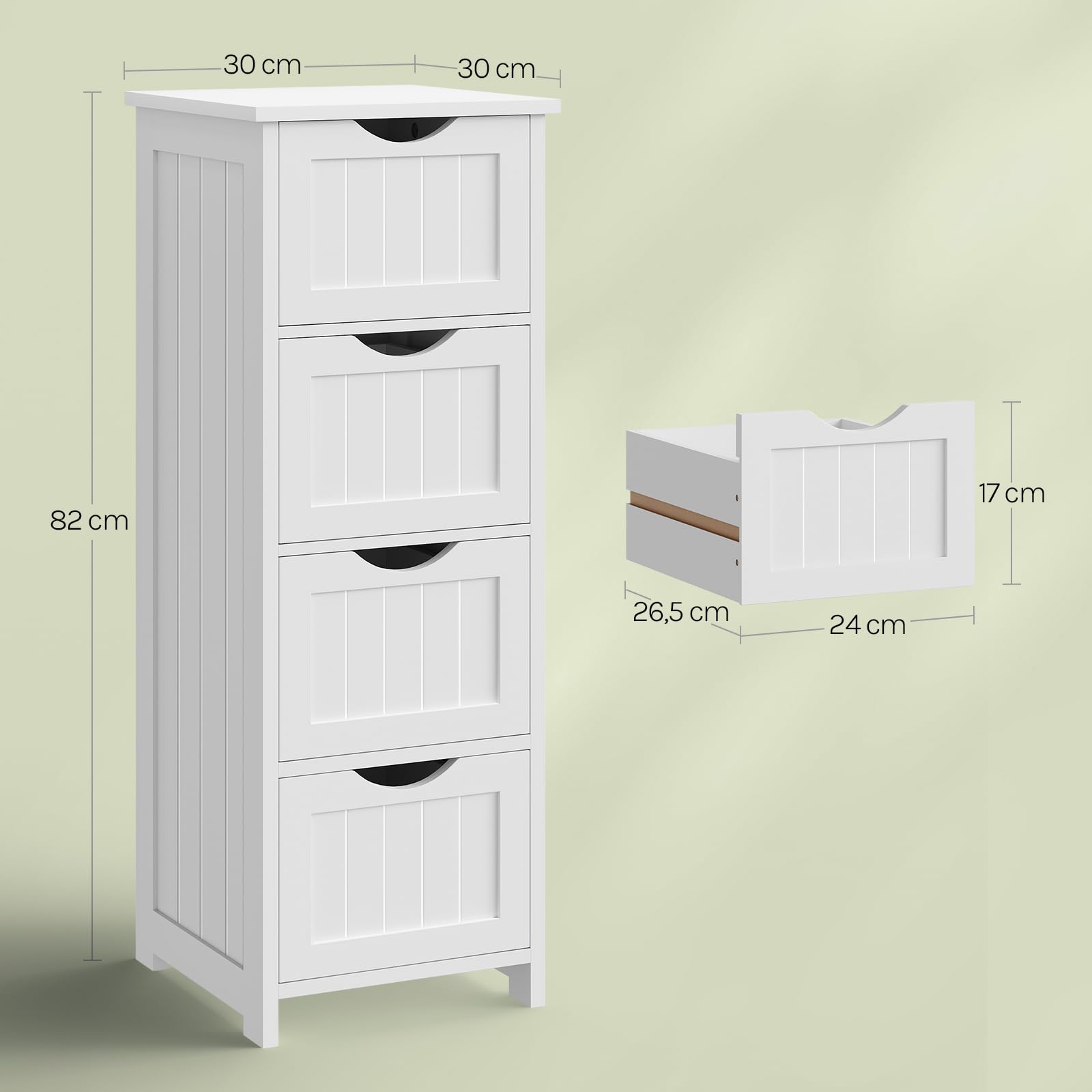 WOLTU Armario de Baño, Mueble Auxiliar Baño, con 4 cajones, Cajonera Baño Estrecha, para Espacios Pequeño, 30 x 30 x 82 cm, Sala de Estar, Dormitorio, Cocina, Estilo Moderno, Blanco BZS07ws