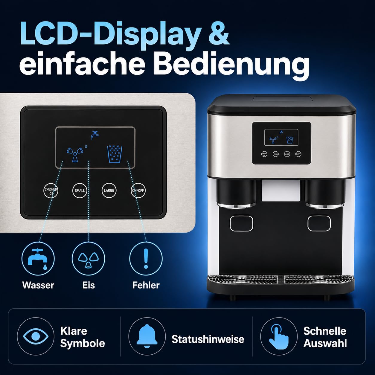 Macchina per il ghiaccio 3 in 1, dispenser di acqua, cubetti di ghiaccio e tritaghiaccio, LCD, 7-9 minuti, 16 ghiaccio | 16 sfere di ghiaccio per ciclo, 7-9 minuti. per passaggio, per casa, ufficio, caffè e bar, facile da usare, design compatto