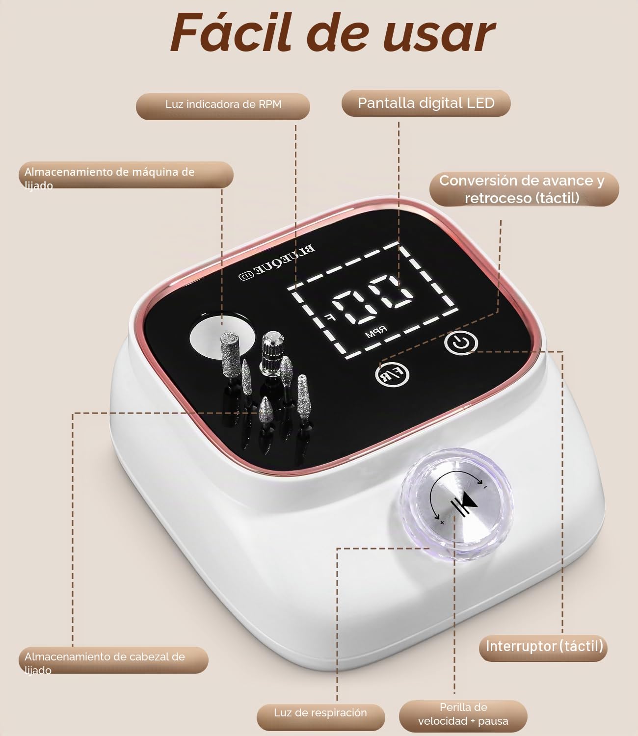 Zawaer Torno para Uñas 45,000RPM, Profesional Lima Electrica Uñas, Velocidad Ajustable,Set de Accesorios para Manicura y Pedicura con Brocas de Cerámica,para Uso Doméstico Salones de Uñas Rosa dorado