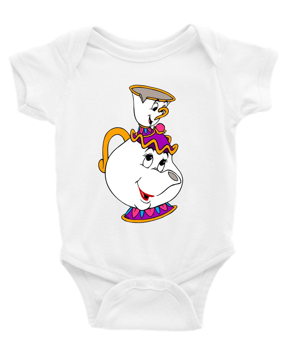 Mrs. Potts and Chip Beauty and The Beast Short Sleeve Unisex Onesie (0-3) White