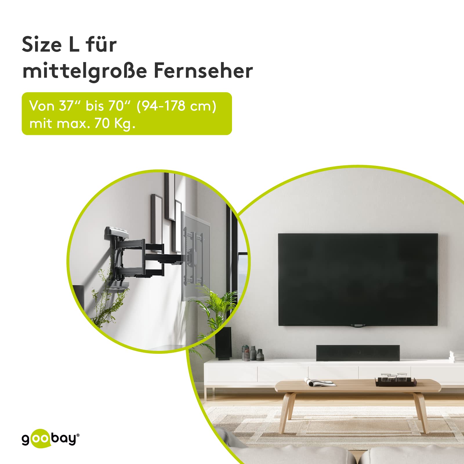 Goobay 49935 Uchwyt ścienny do telewizora Pro Full Motion (L) Wide Range 37" do 70" (94-178 cm), w pełni ruchomy, wychylny/pochylny, 70 kg, Vesa Standard, czarny