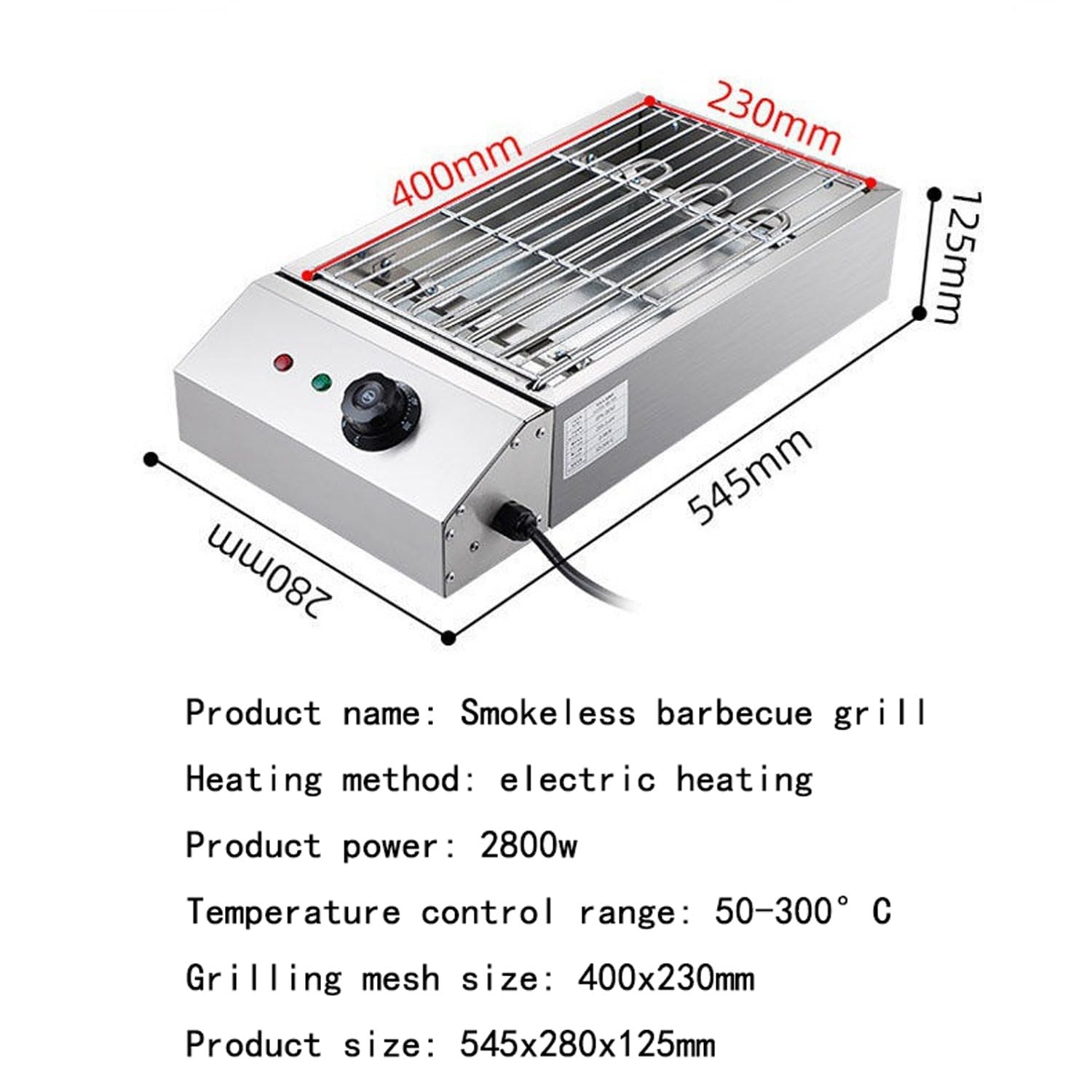 Przenośny elektryczny grill bezdymny, profesjonalna kuchenka stołowa 2800 W z pojemnikiem na olej, maszyna do grillowania sterująca od 122° F do 572° F, kratki ze stali nierdzewnej
