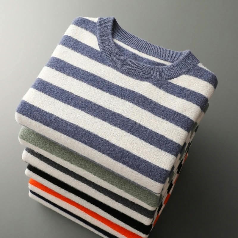 Pull d'automne pour homme tricoté : col rond rayé ample d'hiver