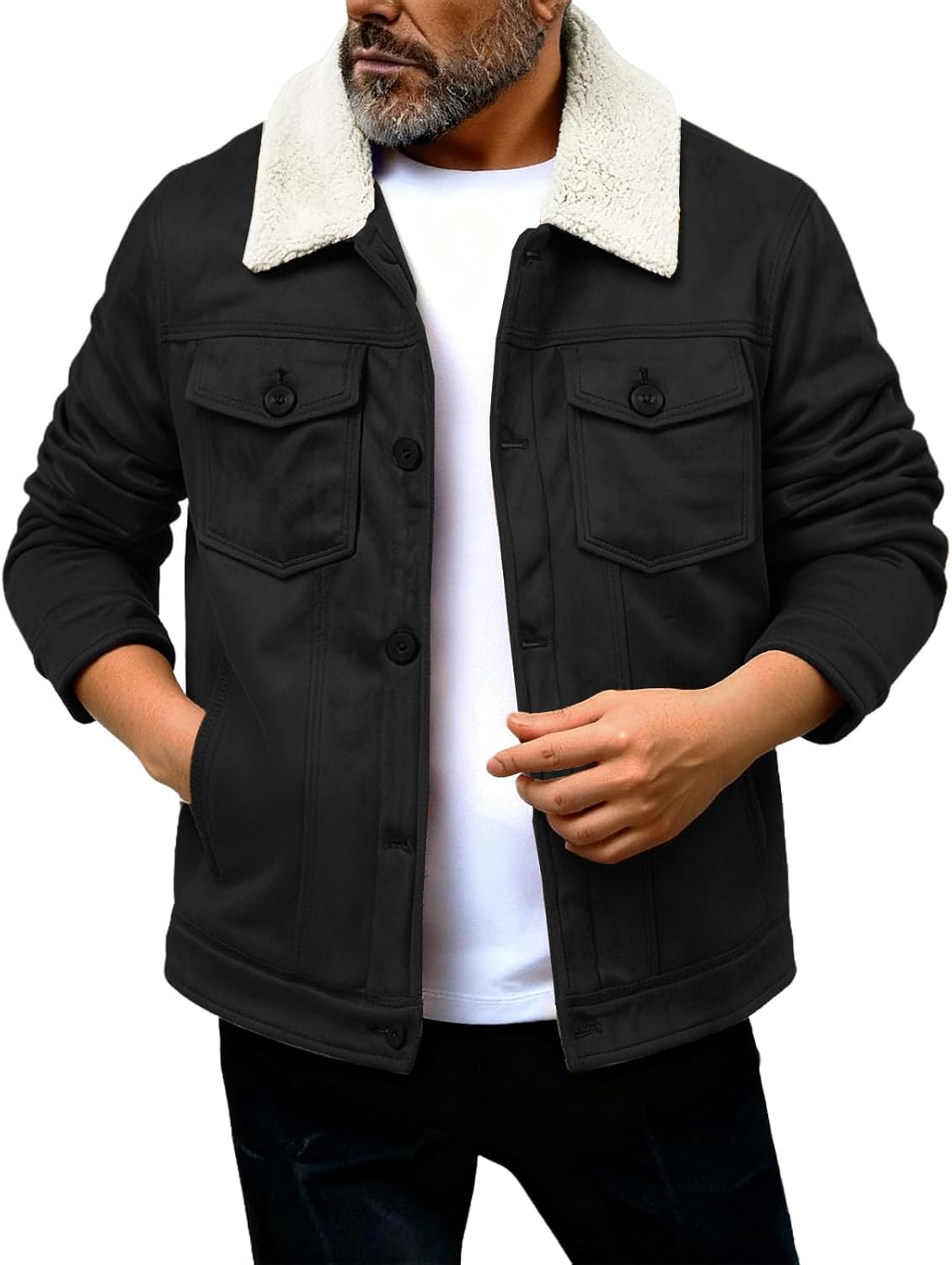 Men's Sherpa Fleece Lined Trucker Jacket Fashion Suede Jackets Thickened Cotton-Padded Jacket Winter Coat with Pocket