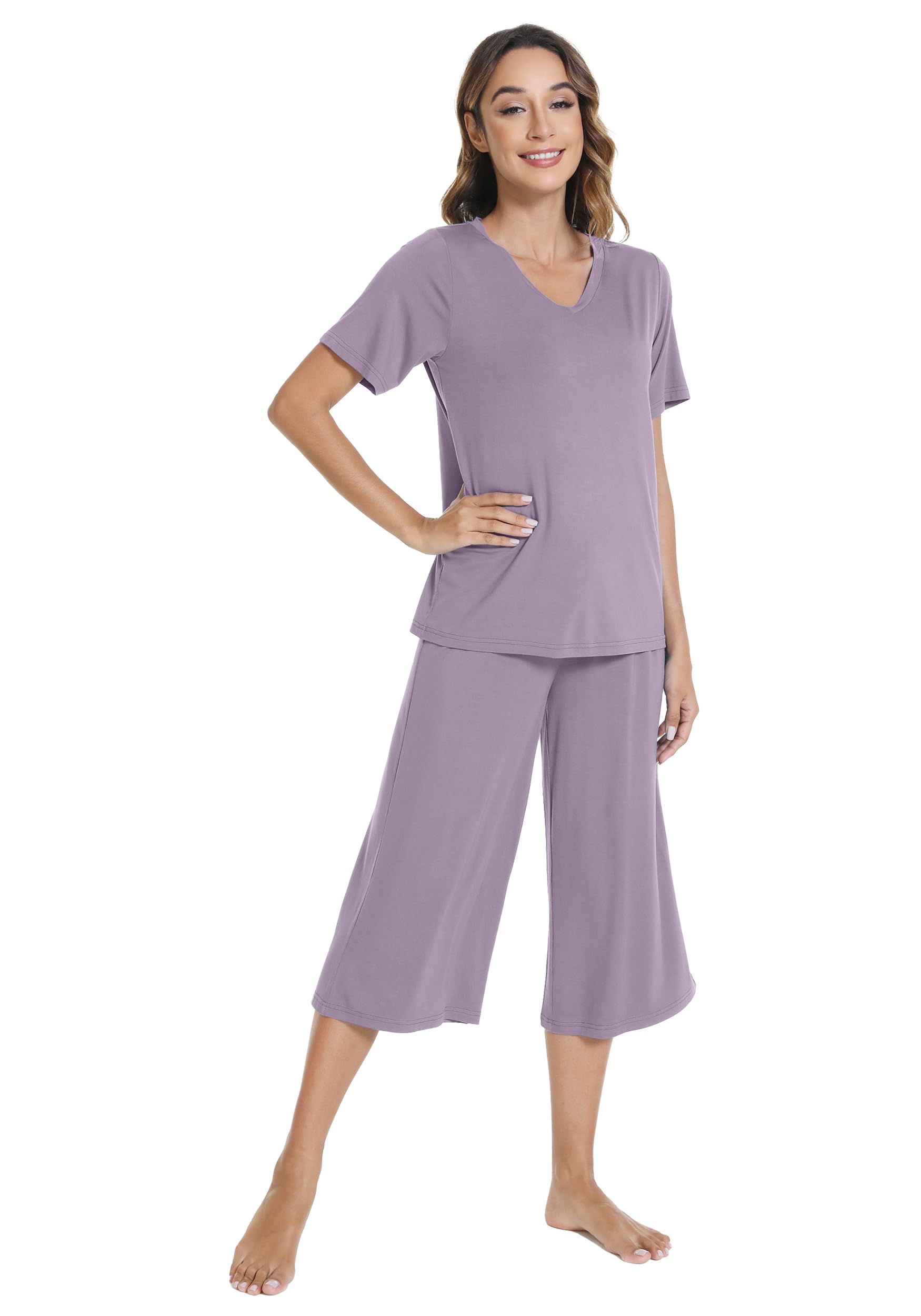 WiWi Pigiama da donna in bambù, con scollo a V, a righe, con top corto e pantaloni capri, abbigliamento da casa S-XXL