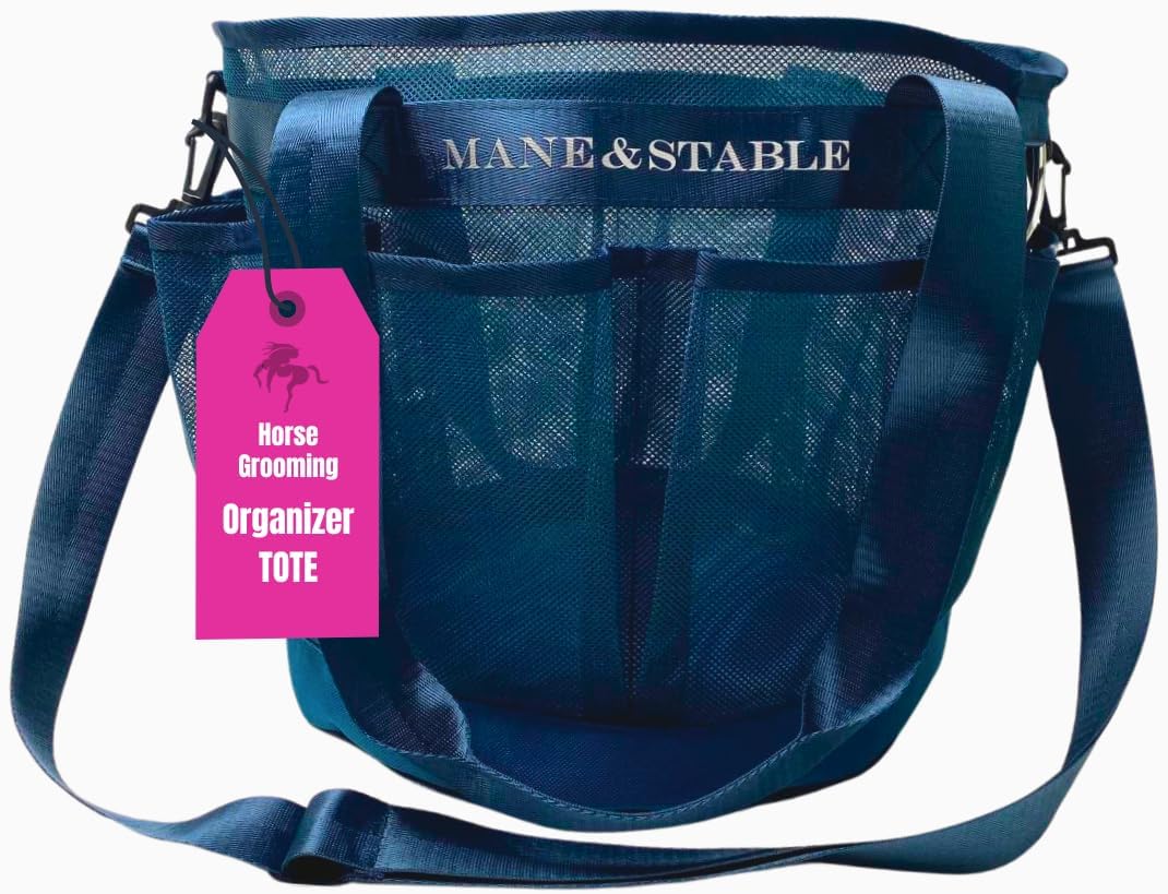 MANE & STABLE Horse Grooming Bag – Hanging Royal Blue Mesh Tote with 8 Pockets & Spacious Compartment | Quick-Drain Design for Barn, Trailer & Wash Rack | Bonus Grooming Set Included