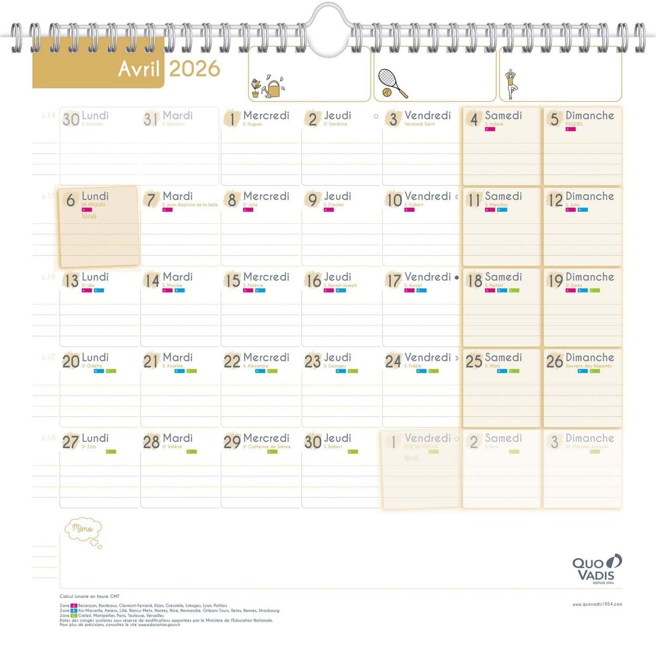 Quo Vadis Calendrier Mural Mensuel Family Planner 16 mois 30x30 cm