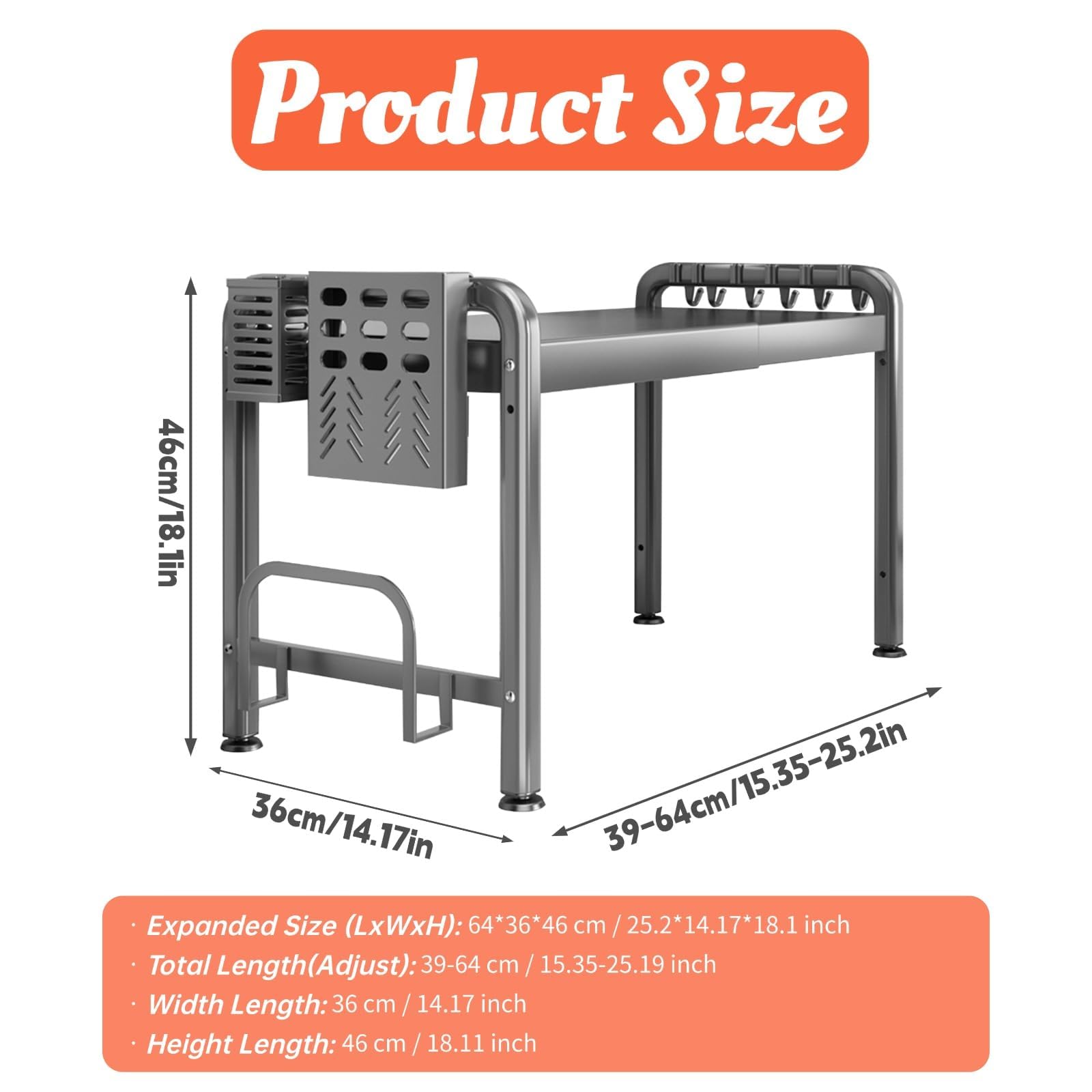 Mensola espandibile per microonde con 6 ganci, supporto estraibile per forno a microonde, 2 livelli, supporto per forno a microonde, scaffale con organizer per piani di lavoro della cucina