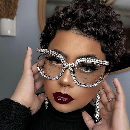 Miniatura 3 de Gafas de lectura de diamantes de imitación multifocales progresivas estilo punk cuadrado de gran tamaño con marco de metal brillante fotocró