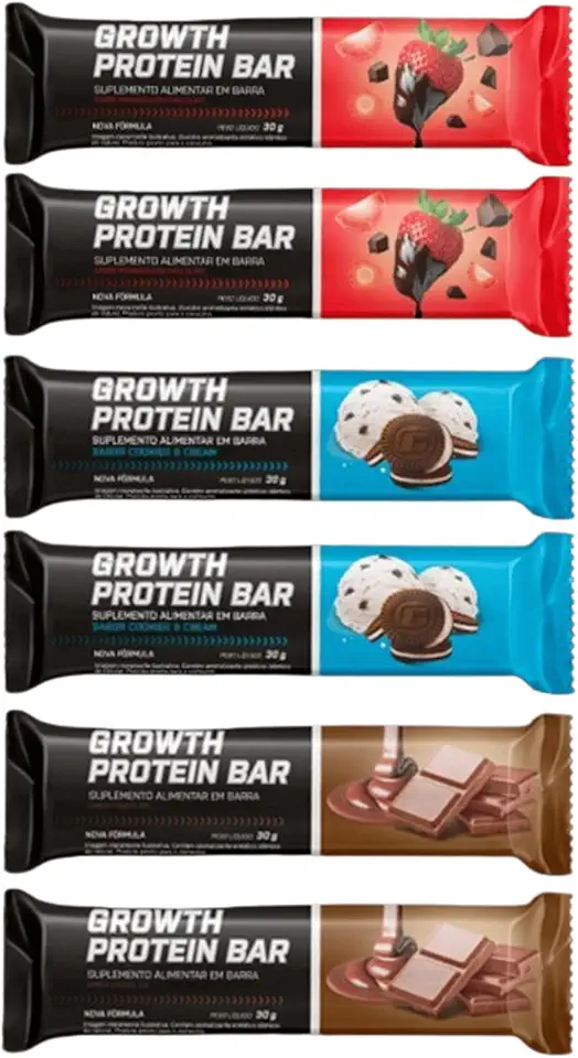 Kit Whey Barras de Proteína 30g com 6 Un - Growth (único, Chocolate, cookies e morango com chocolate)