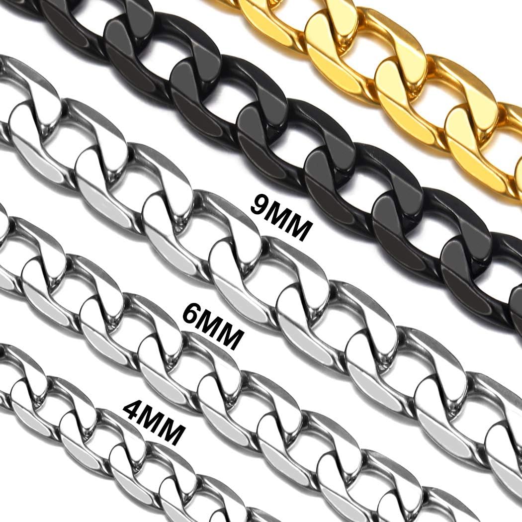 Suplight Collar de Cadena Cubana 4MM/6MM/9MM Cadena Hombre Acero Inoxidable 46cm-76cm Cadena Cubana Hombre Plateado/Dorado/Negro
