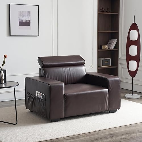 Sofá individual, moderno sofá retro de piel sintética ajustable con cojín para la cabeza, 1 plaza con reposabrazos totalmente extraíbles para sala