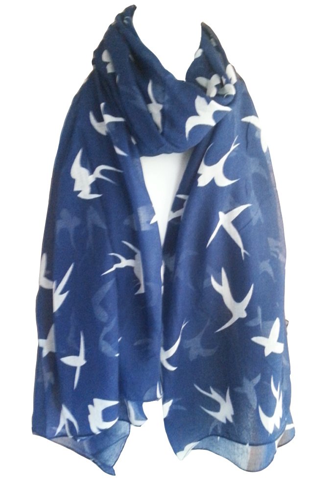 Glamlondon Women's Navy Blue Swallow Bird Print Scarf Soft Big Summer Fashion Wrap