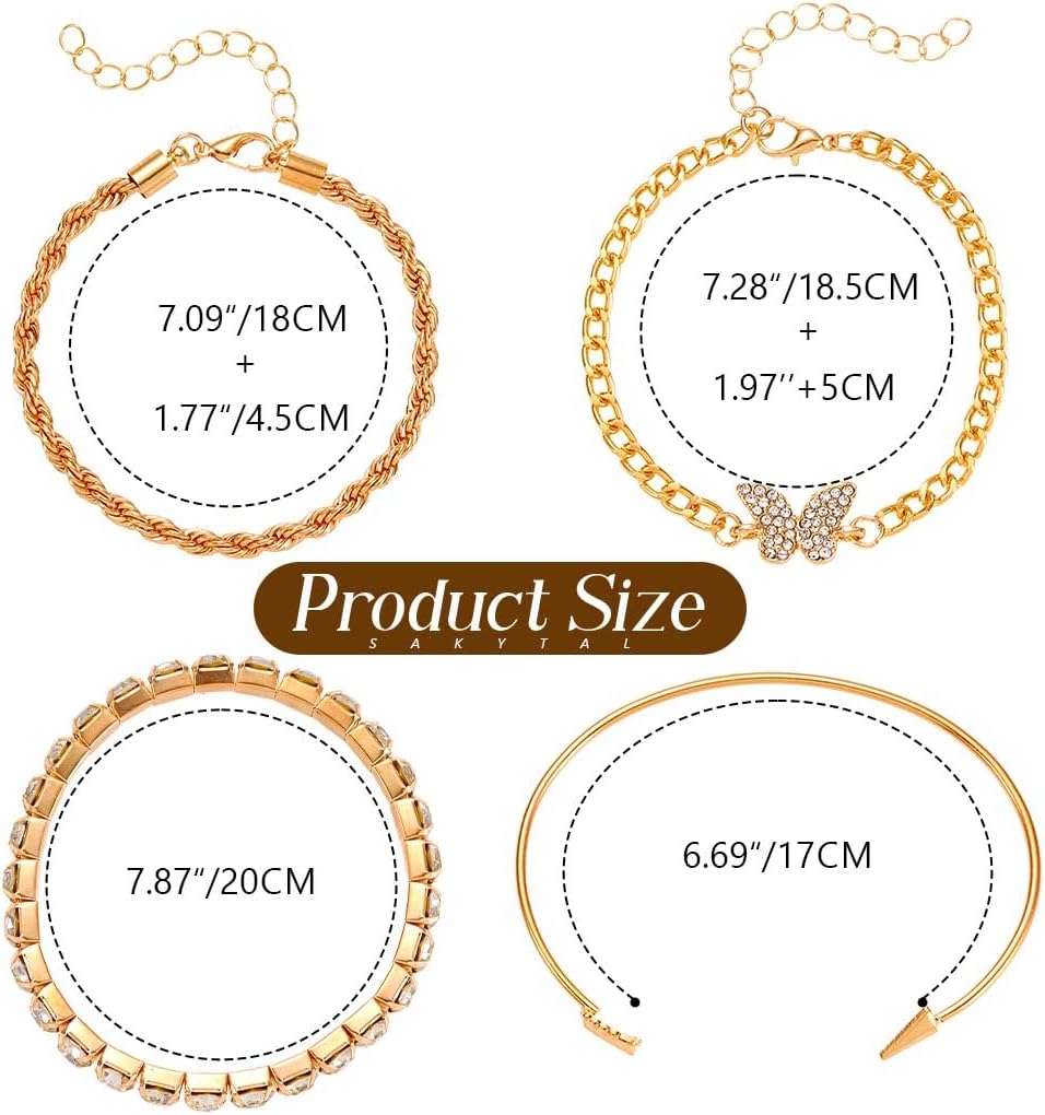 Boho Gold Butterfly Chain Bracelets Set Plated Multiple Layered Stackable Open Cuff Wrap Bangle for Women(4Pcs) - Image 2