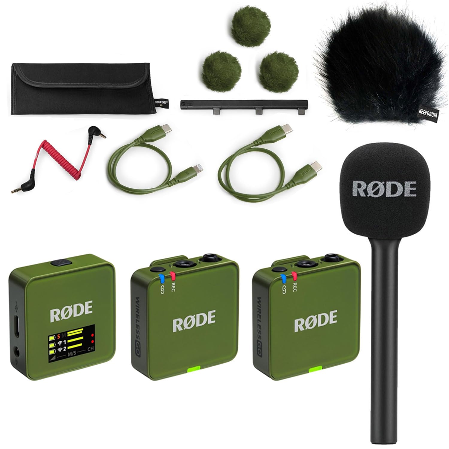 Rode Wireless GO Gen 3 bezprzewodowy 2-kanałowy system radiowy z mikrofonem Moss Khaki z interview GO adapter ręczny i keepdrum, futrzana ochrona przed wiatrem BK