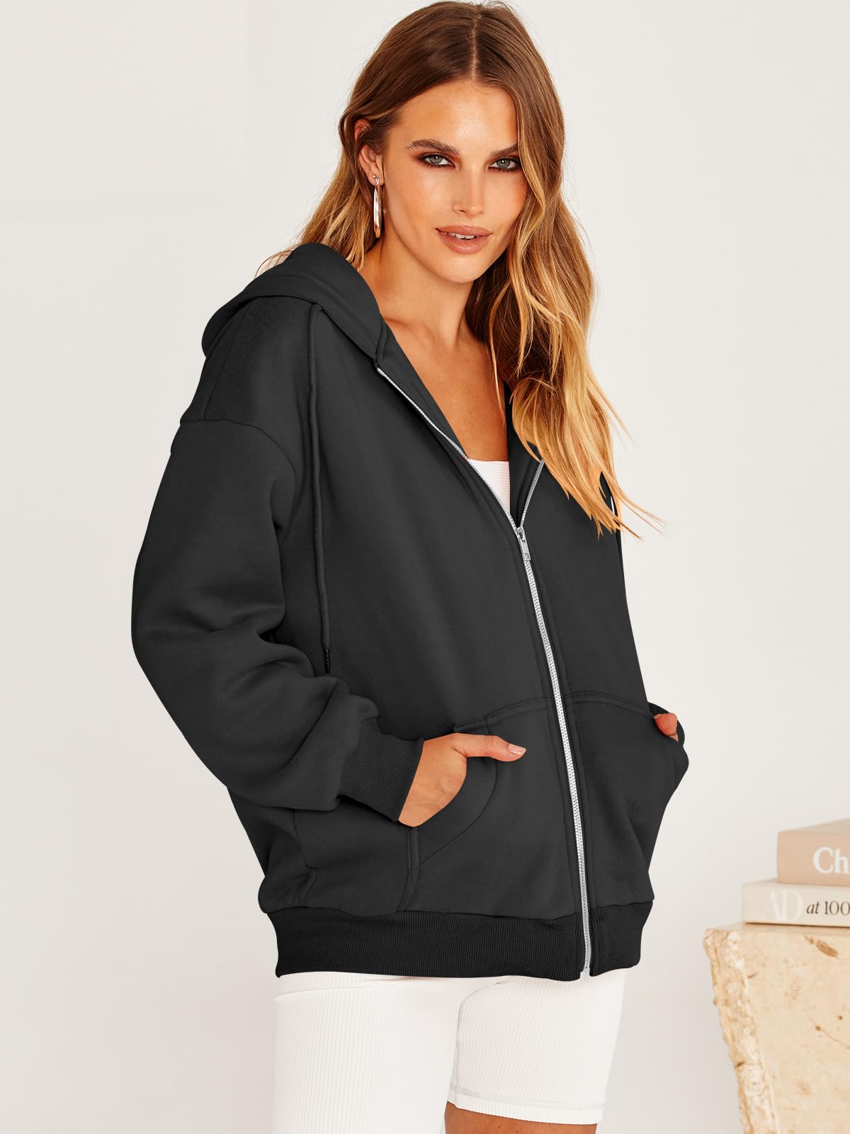 Damskie bluzy z kapturem oversize z zamkiem błyskawicznym bluzy Y2K ubrania urocza nastolatka jesień kurtki na co dzień z kieszeniami