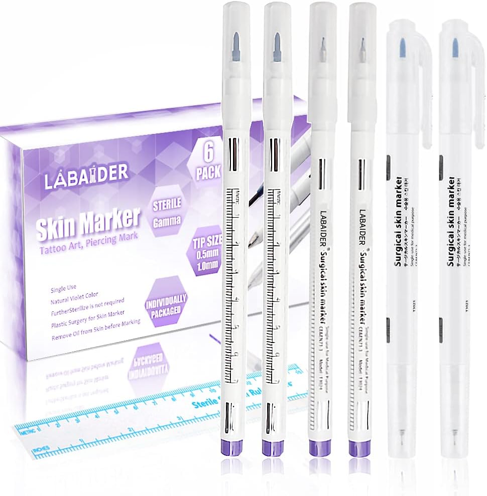 6Pcs Professional Surgical Tip Skin Marker Pen Tattoo Markers Pen with Paper Ruler for Eyebrow, Lips, Skin Tattoo - Individually Sterile Wrapped (0.5MM&1MM)