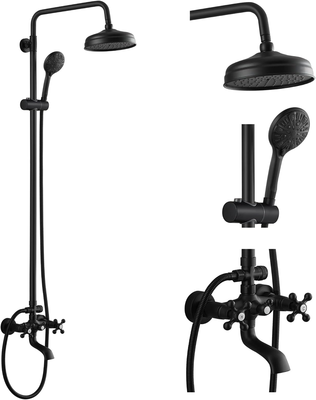 gotonovo Bathroom Shower Faucet Rain Mixer 8 Inch Round Shower Head Double Cross Handle with Tub Spout Wall Mount Bathroom Shower Fixtures 3 Function ABS Handheld Sprayer Matte Black