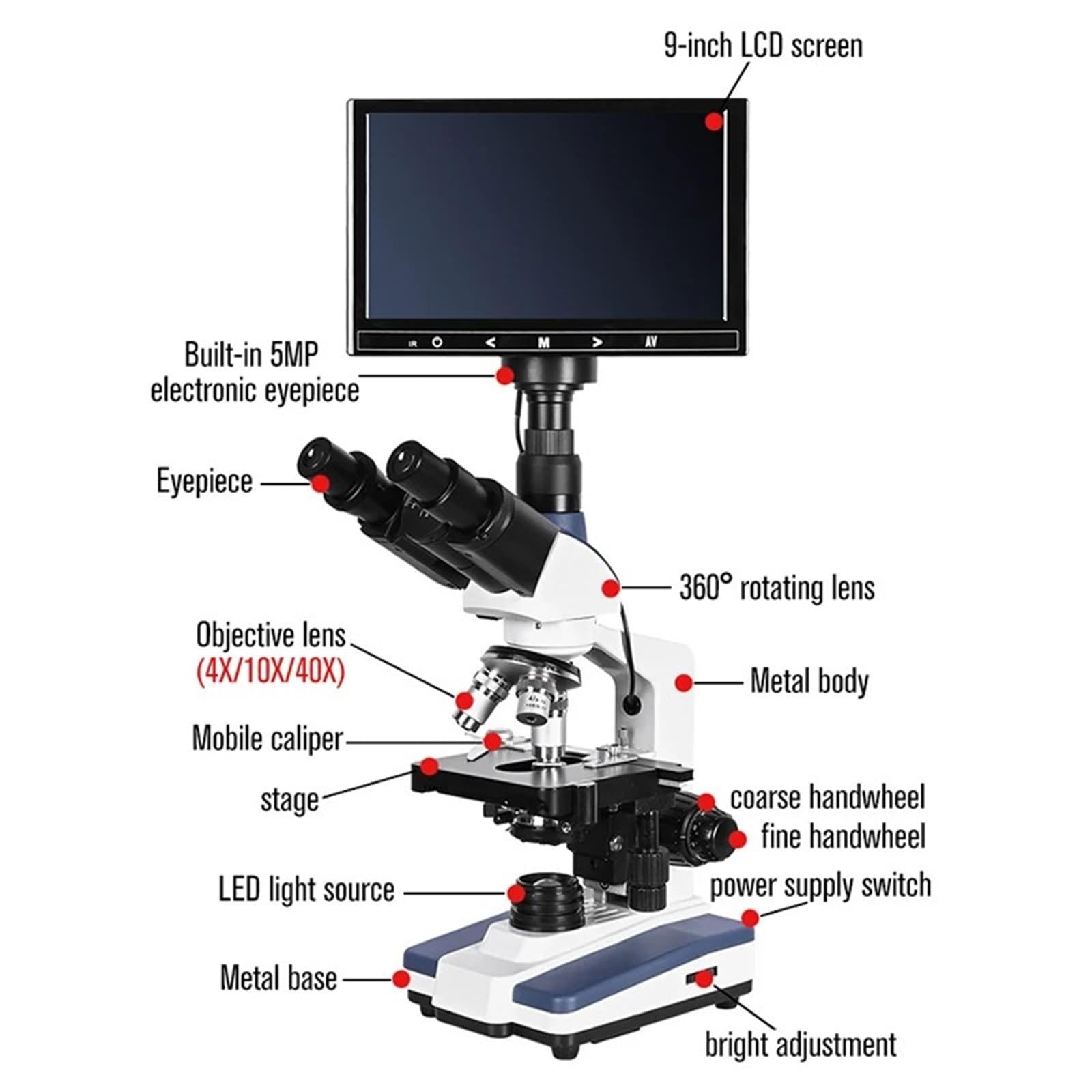 Microscopio, Microscopio da laboratorio biologico professionale trinoculare digitale HD da 5 MP con USB LED + oculare elettronico + LCD da 9 pollici,Prodotti scientifici e da laboratorio