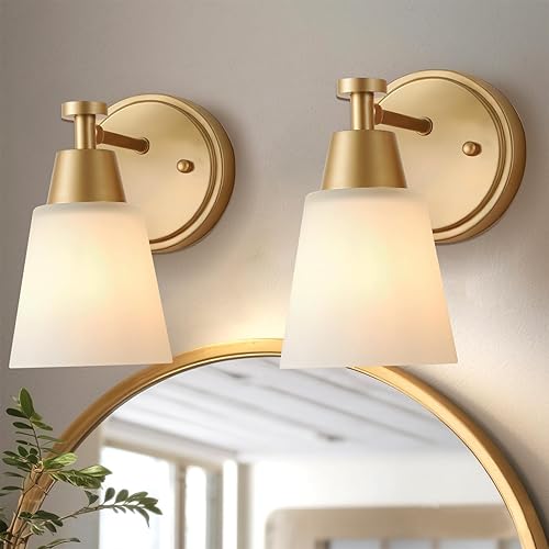 Miniatura 14 de 2 luces de tocador de baño, lámpara de pared con acabado de oro cepillado y vidrio esmerilado, lámparas de pared para baño sobre espejo, para sala