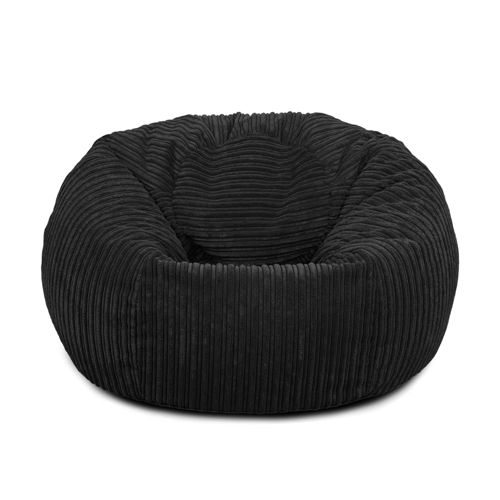 Bags of Beans Adult Corduroy Bean Bag Pre Filled - Comfortable Lounger Chair - Breathable Fabric Recliner Beanbag Seat for Living Room, Gaming and Bedroom Furniture 92(D) x92(W) x57(H) (Black)
