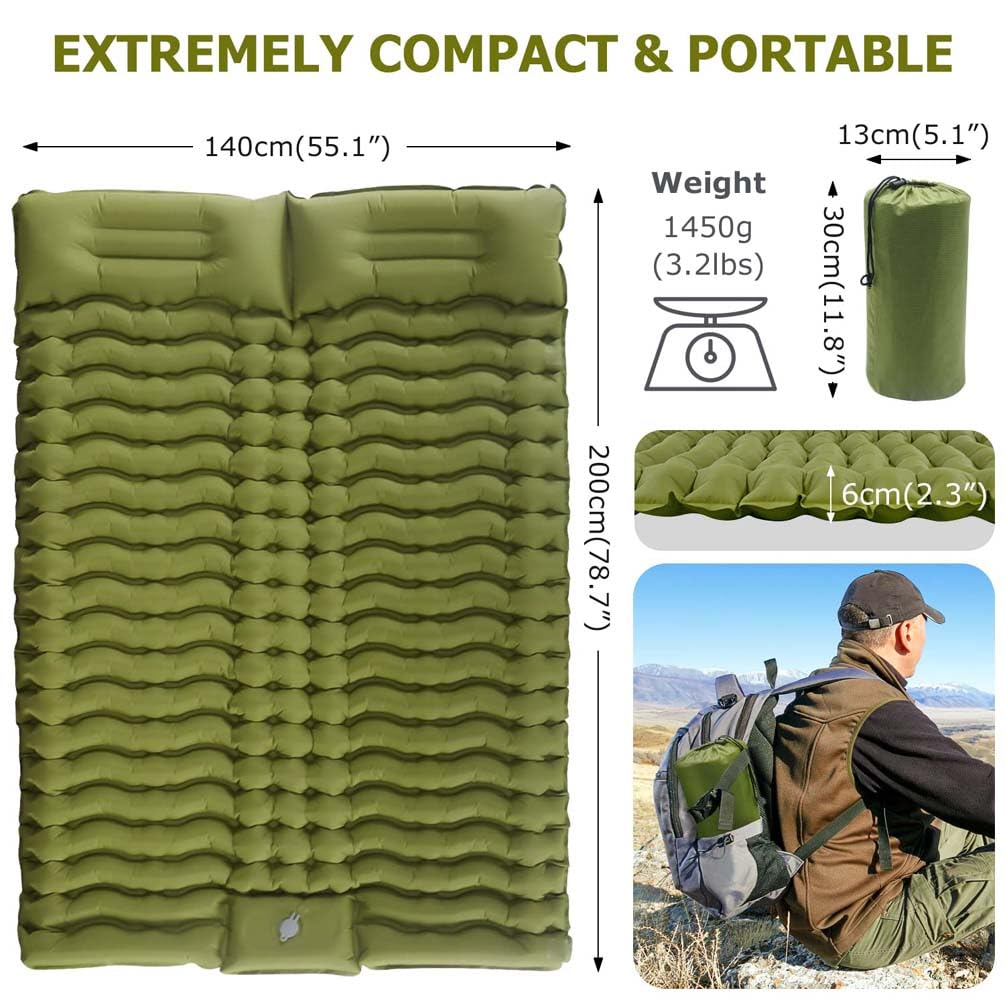 Isomatte Selbstaufblasend, Camping luftmatratze Selbstaufblasend mit Integrierten Kopfkissen Outdoor Campingmatte Faltbar Thermo Matte Schlafmatte Für Zelt Trekking Strand,Grün